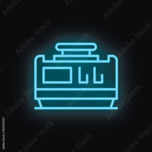 Blue neon sign of a tram glowing on a black background