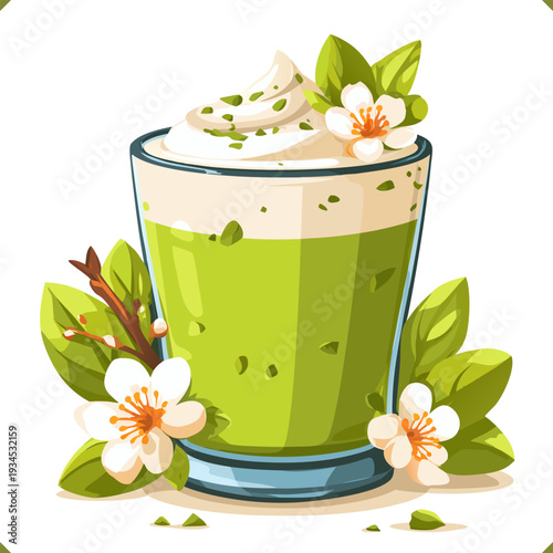 Vector illustration of iced matcha latte in a glass with sakura flowers, isolated on a white background