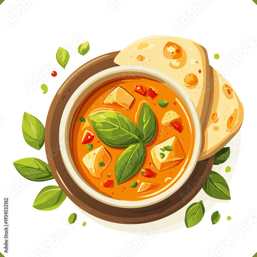 Vector illustration of butter chicken curry in a bowl with naan bread and herbs, top view, isolated on a white background