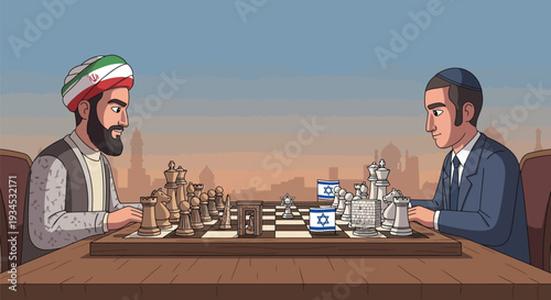 Iranian diplomat playing chess with Israeli representative symbolizing political tension and strategic rivalry across Middle East border backdrop with cultural architecture