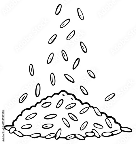Black and white illustration of grains falling into a pile