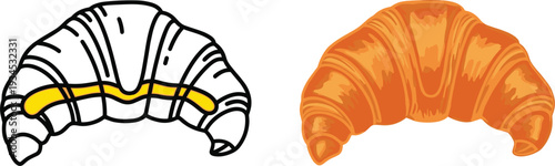 Croissant Outline and Colored Version Set Fresh French Pastry Illustration Vector Bakery Food Isolated on Light Background