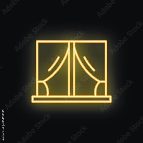Simple neon icon of a window with curtains is glowing on a black background