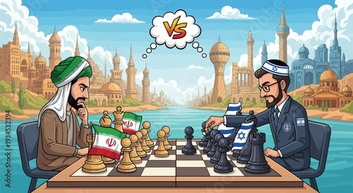 Iranian and Israeli leaders engage in strategic chess match amid symbolic cityscape backdrop representing international relations and geopolitical chess game