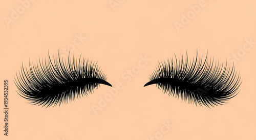 A vector graphic illustration of a pair of long, black false eyelashes on a peach background