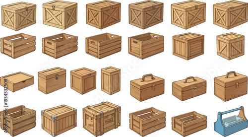 Set of wooden crates boxes and shipping containers for storage cargo transport and logistics flat vector illustration isolated on white background