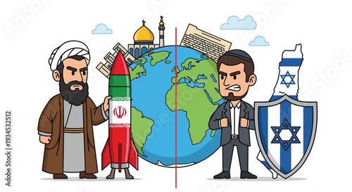 Iranian leader with missile confronts Israeli counterpart with shield symbolizing arms race and geopolitical confrontation on global stage conflict