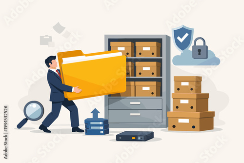 Businessman carrying a giant yellow folder to a filing cabinet for document storage, archive management, and data security. Concept of cloud backup, information organization, and paperwork.