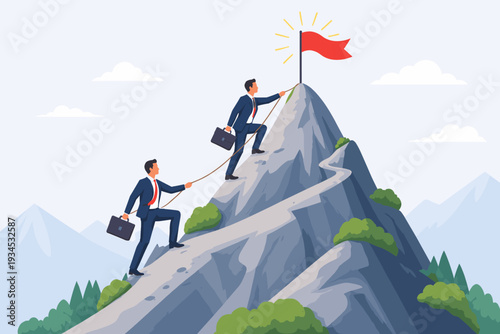 Businessman competitors climbing a steep mountain peak to reach a red flag, representing business success, career achievement, professional growth, leadership, ambition, and goal attainment.