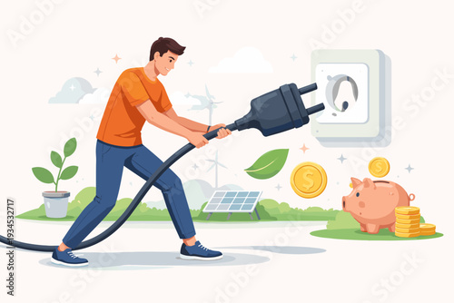Man Pulling Large Electric Plug from Wall Socket to Save Energy and Money, Concept of Electricity Cost Reduction, Ecology Awareness, Renewable Energy with Solar Panels, Wind Turbines and Piggy Bank