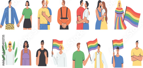 LGBTQ+ pride celebration diverse people and couples holding rainbow flags, flat vector illustration, inclusive community, equality, love, unity, acceptance, diversity