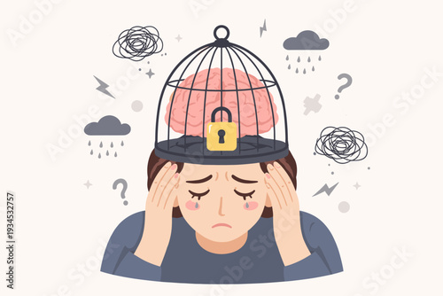 Sad Woman with Her Brain Locked in a Cage Vector Illustration, Representing Fixed Mindset, Mental Health Struggles, Depression, Anxiety, Emotional Suppression, Stress, and Psychological Blocks.