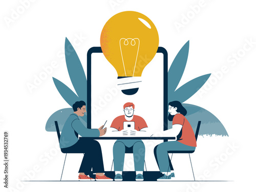 Team members collaborate around a table with a large glowing lightbulb symbolizing a.