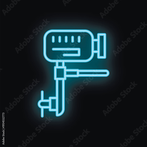 Blue glowing neon icon representing a boat motor, isolated on a black background