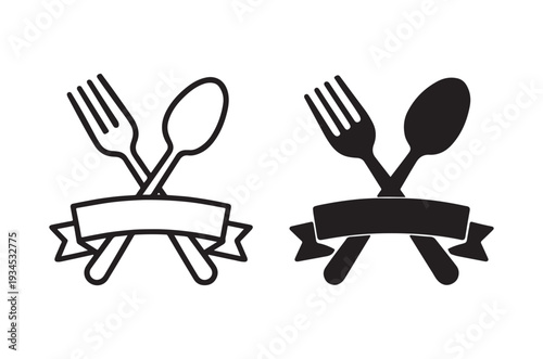 Cutlery set icons with ribbon banner in black and white variations