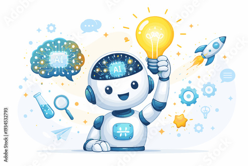 Artificial Intelligence Robot Holding a Glowing Lightbulb for Creative Thinking, Innovation, and New Ideas. Cute AI Character with Brain Chip, Rocket, and Science Icons for Technology Concepts.