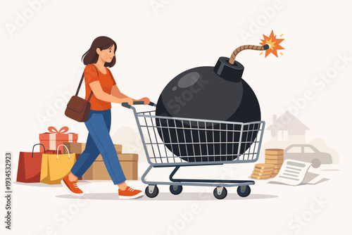 Woman Pushing Shopping Cart with Large Lit Bomb Symbolizing Financial Debt, Overspending Risk, Economic Crisis, Household Debt Burden, Credit Card Danger, and Excessive Consumerism Illustration