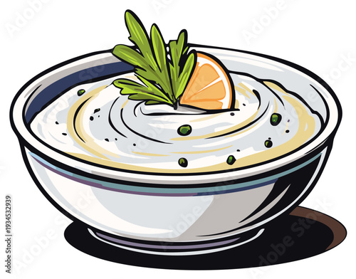 Creamy dip in a bowl with orange slice and herbs, illustration