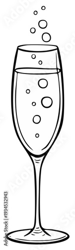 Outline illustration of a flute glass filled with bubbly beverage and effervescence