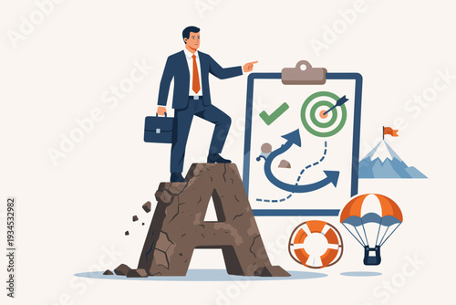 Businessman Standing on Letter A Pointing to Strategy Board with Plan B Backup Options like Parachute and Lifebuoy, Concept of Contingency Planning, Risk Management and Alternative Solutions