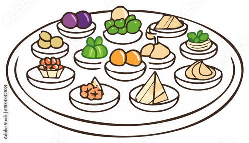 Colorful cartoon illustration of a diverse assortment of appetizers and desserts on a large serving platter.