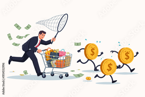 Businessman Chasing Money with a Net while Pushing a Shopping Cart Full of Luxury Goods; Concept of Overspending, Consumerism, Financial Debt, Inflation, and the Struggle to Manage Expenses.