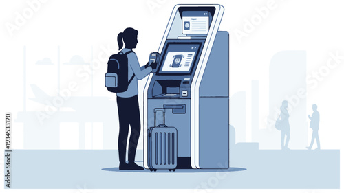 Self-Service Travel: A traveler interacts with a modern self-service kiosk at the airport, poised to embark on an adventure. Experience convenience and modern travel solutions.