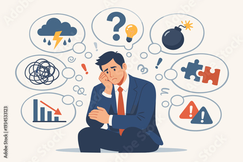 Overwhelmed Businessman Feeling Stressed and Anxious with Too Many Problems and Thoughts at Work, Mental Health Concept of Burnout, Confusion, and Decision Making in Business Environment Illustration