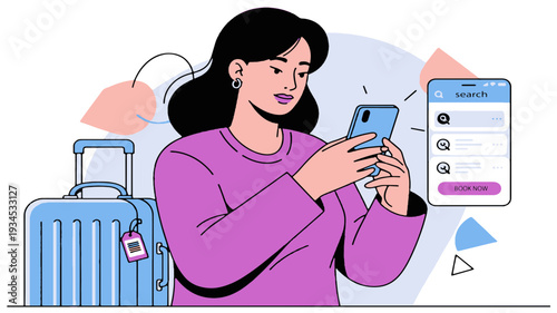Travel Companion App: A woman prepares for her journey, expertly using a travel application on her smartphone. Her luggage is ready.