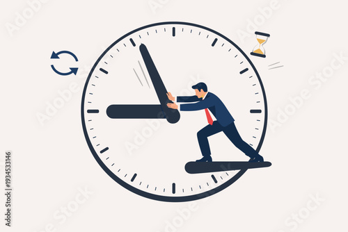Businessman pushing clock hands back to stop time or fix mistakes, concept of time management, deadline pressure, urgency, and work stress in a flat vector illustration style for business.