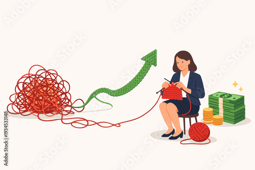 Businesswoman Knitting Success from Chaos, Turning Financial Crisis into Opportunity and Profit, Market Recovery Concept with Rising Green Arrow and Stacks of Money in Uncertain Economy
