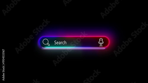 Glowing neon internet search bar animation with voice microphone icon on dark background