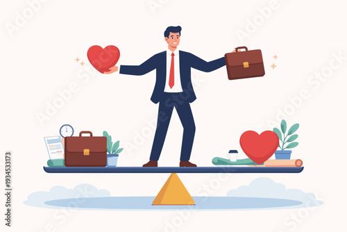 Work-life balance vector illustration of a businessman on a seesaw balancing a heart and a briefcase, symbolizing the harmony between professional career success and personal health or family life.