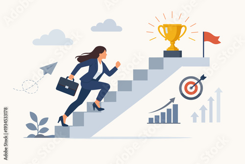 Businesswoman climbing stairs to achieve career success and professional growth, ambitious woman reaching for gold trophy cup, motivation for business goal achievement and leadership progress