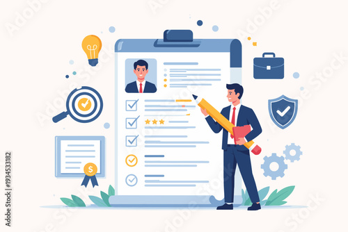 Professional Businessman Reviewing Large Resume for Job Recruitment and Career Growth, Concept of Work Experience, Skills Qualification, Human Resources Hiring Process and Candidate Selection