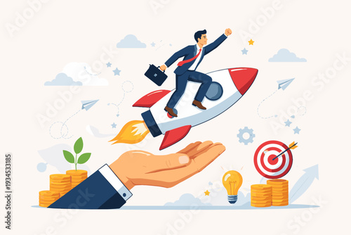 Venture Capital Funding for Startup Company Growth with Businessman Flying on Rocket Launched from Giant Hand, Financial Support for Entrepreneur Success, Investment and Business Development Concept