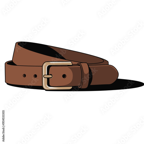 Brown leather belt with a rectangular metal buckle lies flat upon a white surface.