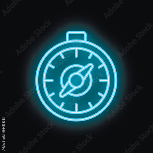 Blue neon sign of a compass pointing north on a black background