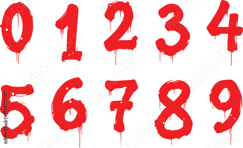 Bold Red Graffiti Style Numbers 0-9 with Drips