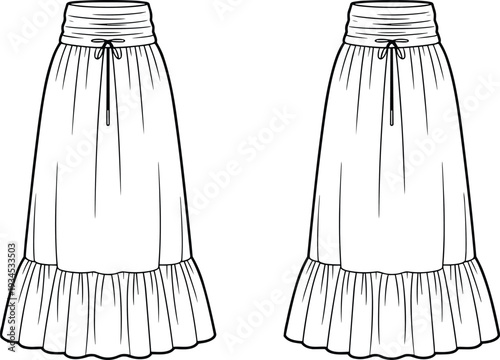 Long skirt fashion design, technical flat sketch, vector illustration, tiered maxi skirt, drawstring waistband, ruffle hem, front and back CAD drawing
