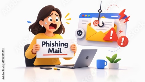 User alarmed by phishing mail warning home office digital illustration indoor setting frontal view cybersecurity awareness