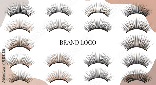 A vector graphic illustration of various false eyelashes with a brand logo on a white background