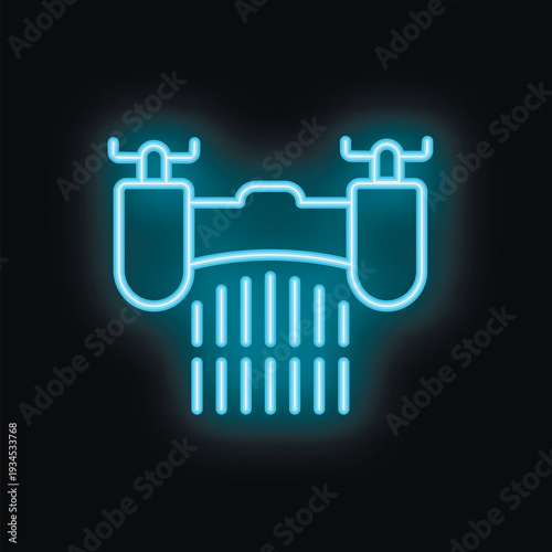 Bright luminous blue neon icon of a drone spraying water on a black background