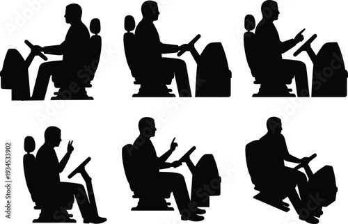 Machinery operator silhouettes, seated worker poses, industrial equipment control, manual labor, construction