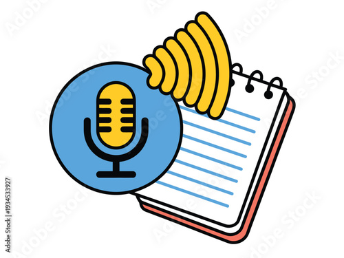 Microphone icon transmits sound waves toward a lined spiral notebook for recording.