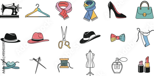 Collection of fashion and sewing icons for design and clothing industry
