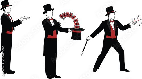 Magician illustration, magic show, card trick, wand spell, illusionist art