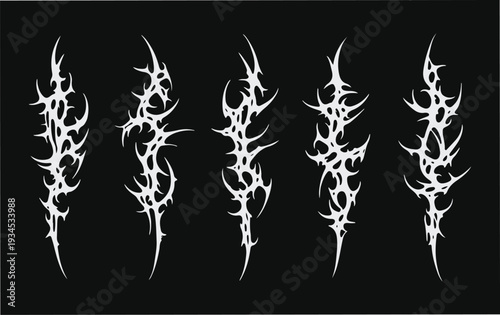 Set of dark cybersigilism and neo-tribal vector illustrations, sharp spiky abstract icons for modern gothic tattoo designs, A set of striking cybersigilism abstract shapes. These black neo-tribal.