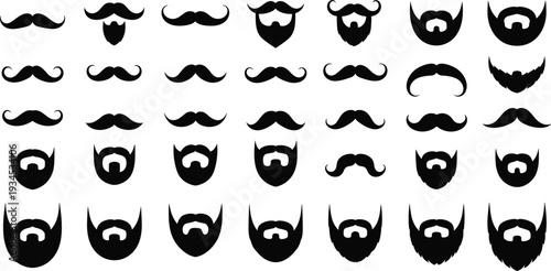 Large collection of black mustache and beard silhouettes featuring various facial hair styles like handlebar chevron and full beards for barber shop and grooming design.