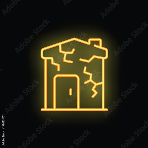 Yellow glowing neon icon of a damaged house with cracks on the wall representing danger